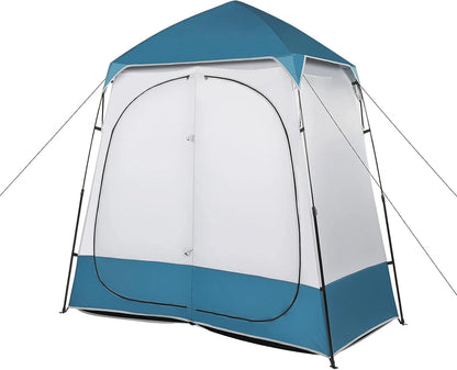 PINDEE Oversize 2 Rooms Shower Tent, 7.5 FT Outdoor Pop up Changing Room, Instant Extra Wide Privacy Shelter for Camping Dressing Toilet Bathroom with Carry Bag, Blue & White