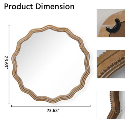 Honeey 24 Inch Circular Wave Wall Mirror, Large Decorative Wooden Frame Hanging Circular Mirror, Modern Farmhouse Decoration, Suitable for Bathroom, Living Room, Daycare Decoration