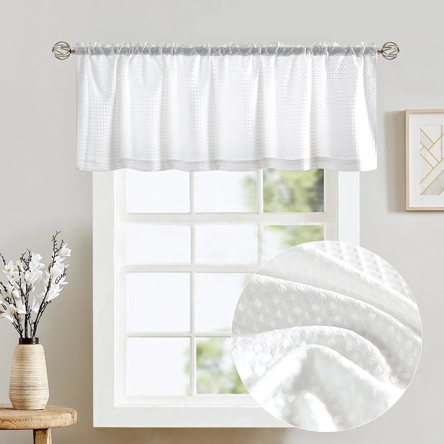 Curtainking White Valance Kitchen Window Curtain Waffle Weave Textured Small Window Curtain for Bathroom Rod Pocket, 60" W x 18" L, 1 Panel