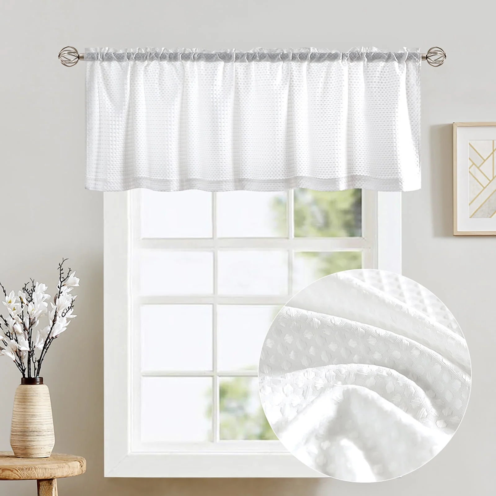 Curtainking White Valance Kitchen Window Curtain Waffle Weave Textured Small Window Curtain for Bathroom Rod Pocket, 60" W x 18" L, 1 Panel