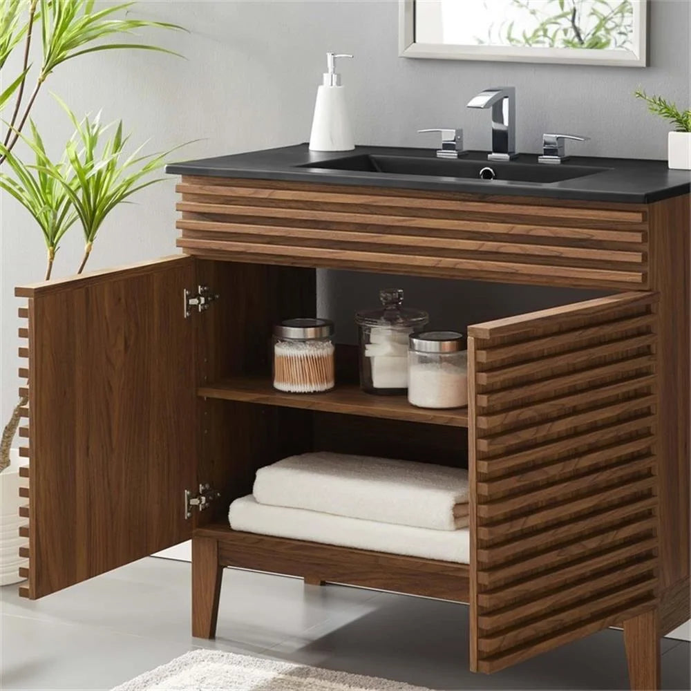 Pemberly Row Modern Wood/Ceramic Bathroom Vanity in Walnut/Black