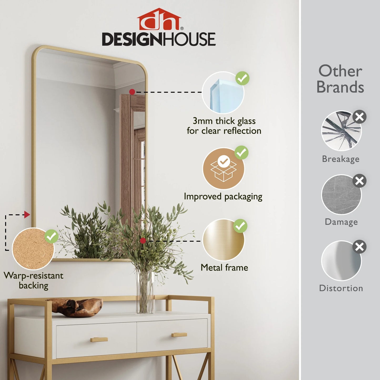Isla Rectangle Wall Accent Mirror, 30" H x 20" L, Modern Metal Framed, Living Room, Bedroom, Bathroom Vanity Mirror, Gold �?Design House, 596510-GLD