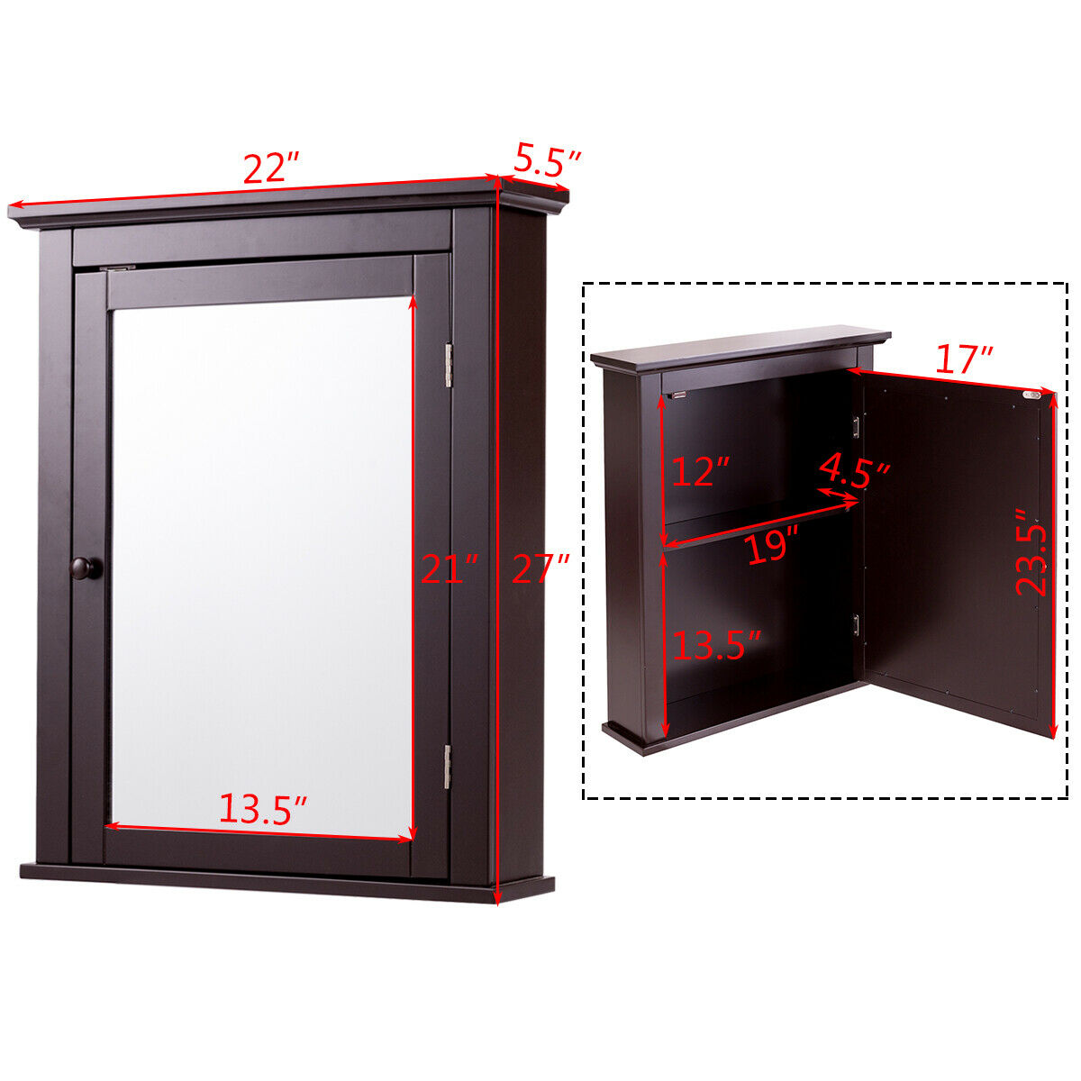 Gymax Bathroom Mirror Cabinet Adjustable Shelf Wall Mounted Medicine Storage Brown