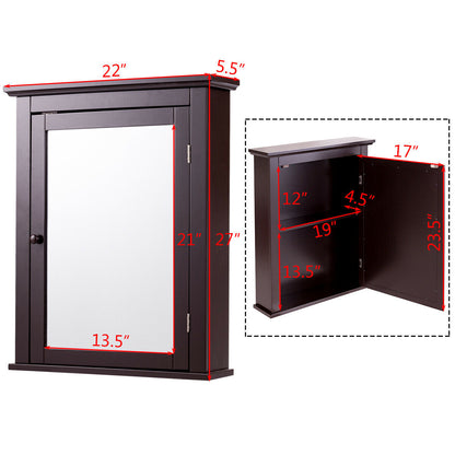 Gymax Bathroom Mirror Cabinet Adjustable Shelf Wall Mounted Medicine Storage Brown