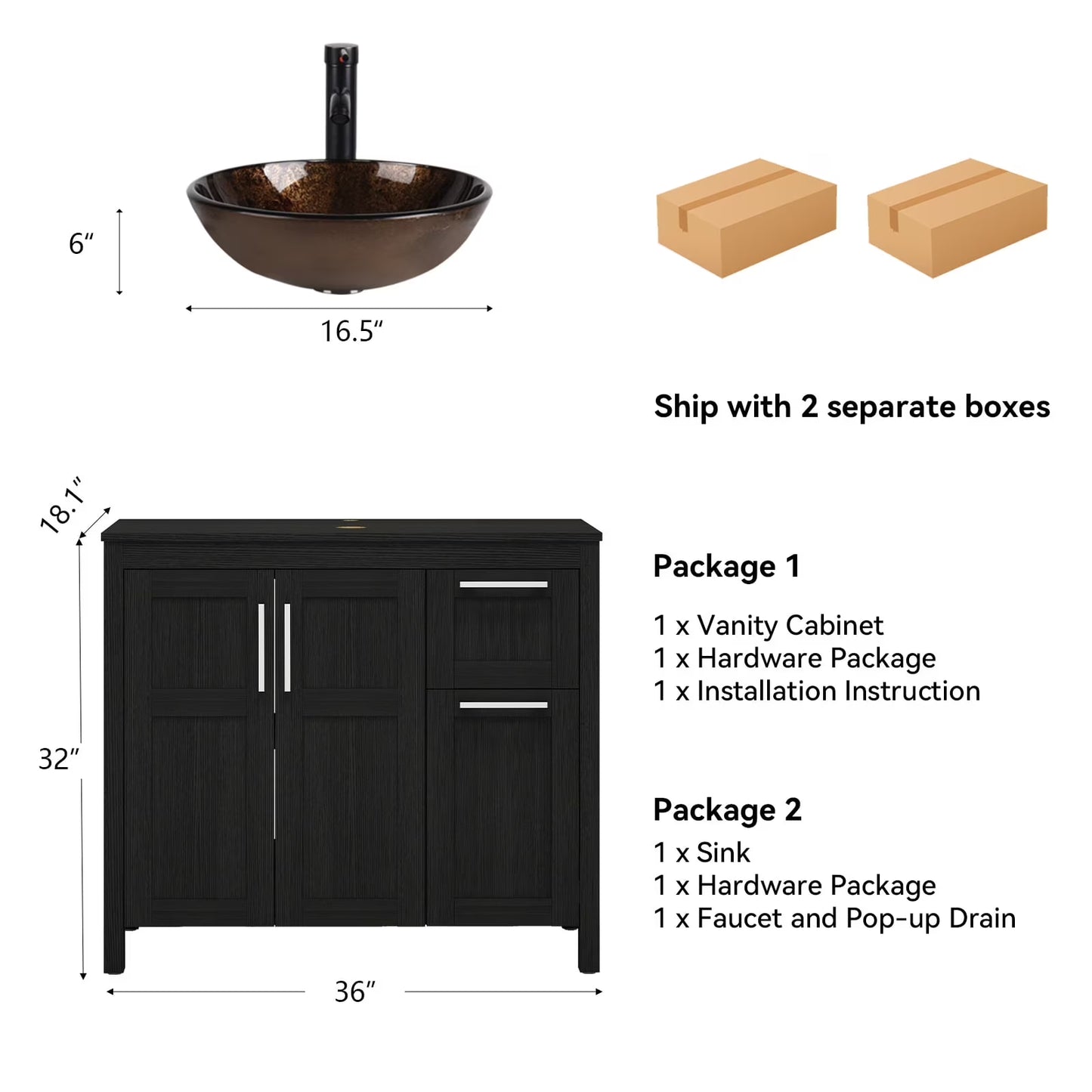 PULUOMIS 36 Inches Bathroom Vanity in Black Finish with Glass Boat-Shaped Vessel Sink, Single Bathroom Vanity with Top, 2-Door Cabinet and 2 Drawers