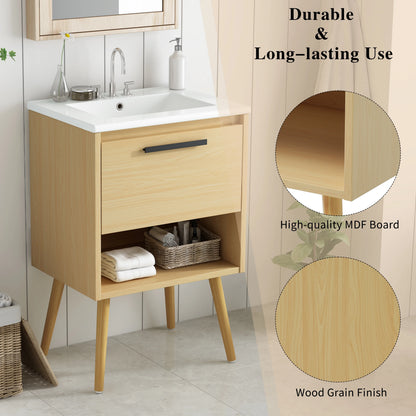 Harper & Bright Designs 24" Bathroom Vanity with Sink Set, Bathroom Vanity Cabinet with Ceramic Top and Drawer, Natural