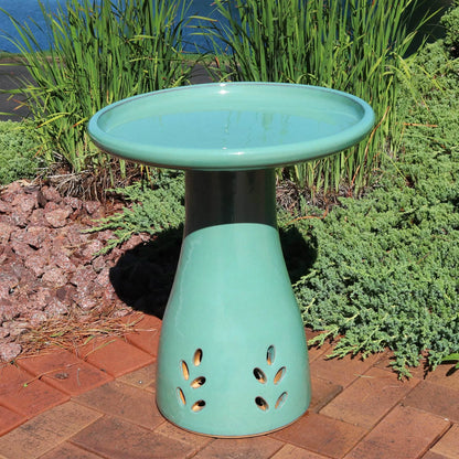 Sunnydaze Classic Freestanding Ceramic Outdoor Bird Bath, UV-Resistant Seafoam Finish