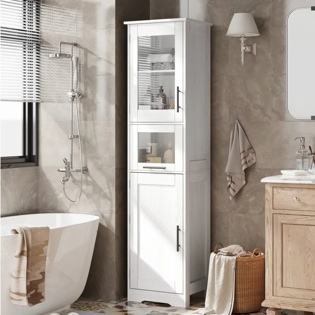 66.9" Tall Bathroom Cabinet, Slim Bathroom Storage Cabinet with Doors and Adjustable Shelf, Freestanding Floor Pantry Cabinet for Kitchen, Living Room, Laundry Room, Home Office, White 15.7 Inch