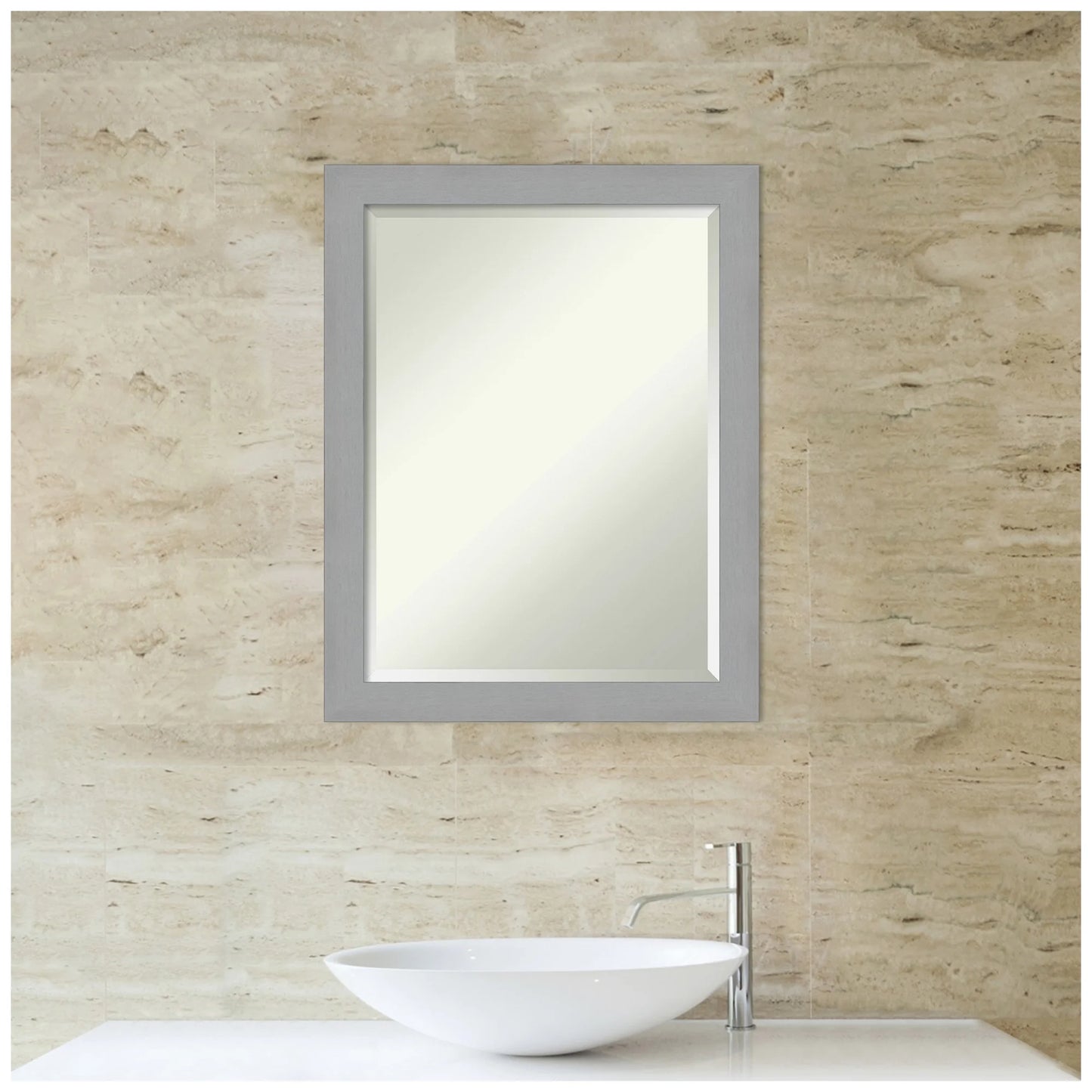Brushed Nickel Beveled Wood Bathroom Wall Mirror