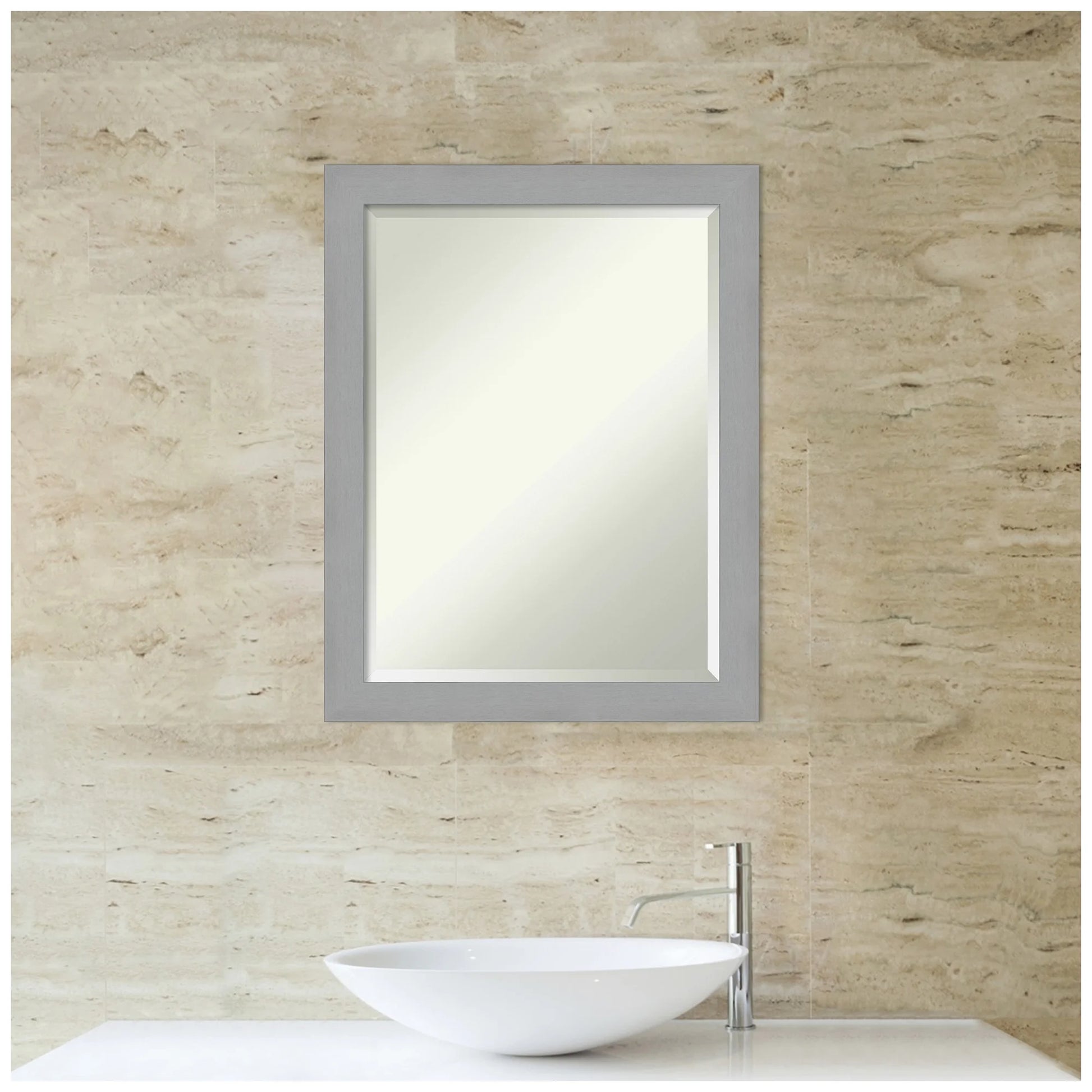 Brushed Nickel Beveled Wood Bathroom Wall Mirror