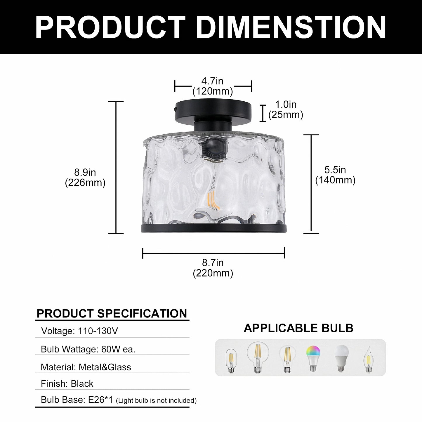 LOHASLED Industrial Semi Flush Mount Ceiling Light with Clear Hammered Glass,Black ,Modern Lighting for Hallway, Porch, Kitchen, Bathroom, Bedroom