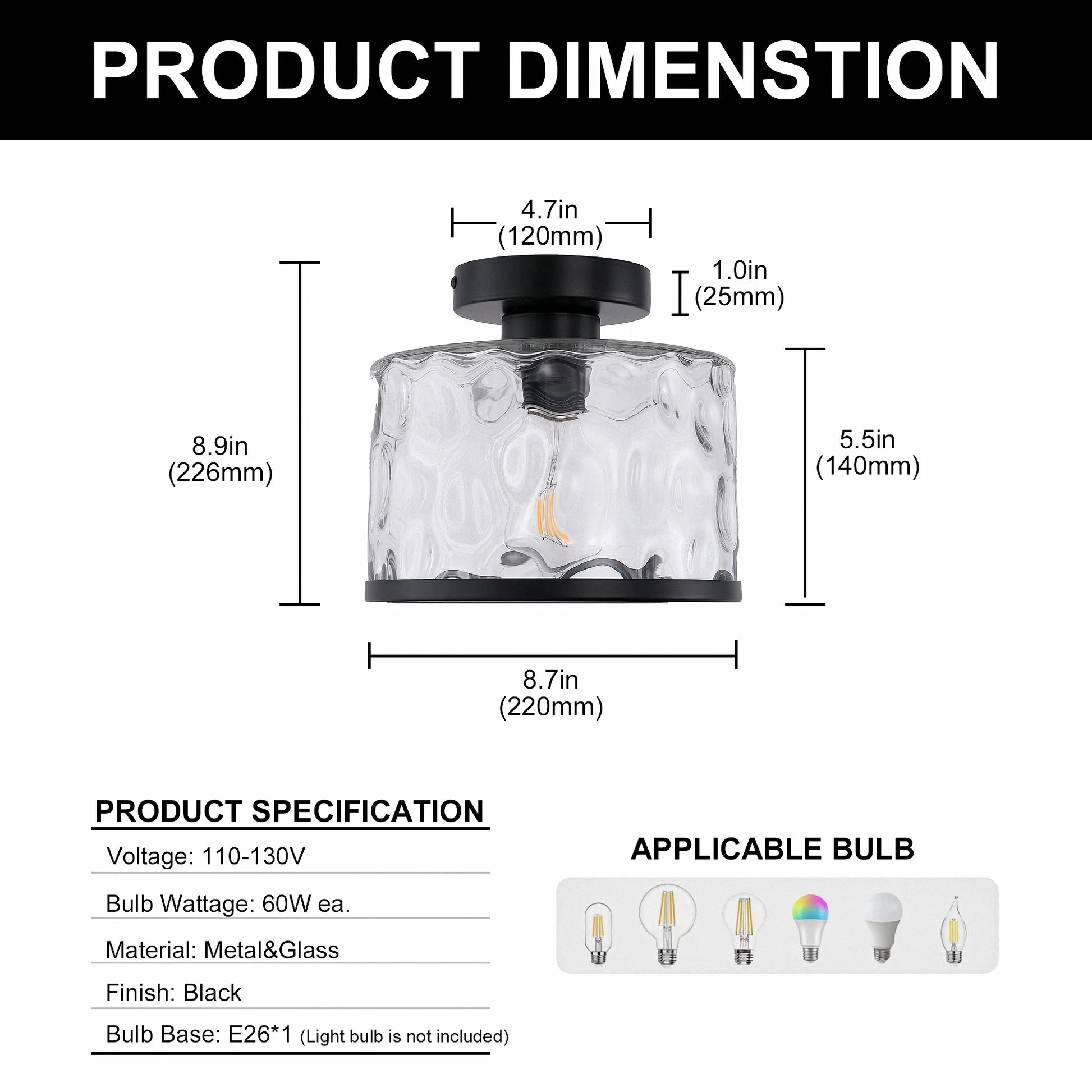 LOHASLED Industrial Semi Flush Mount Ceiling Light with Clear Hammered Glass,Black ,Modern Lighting for Hallway, Porch, Kitchen, Bathroom, Bedroom