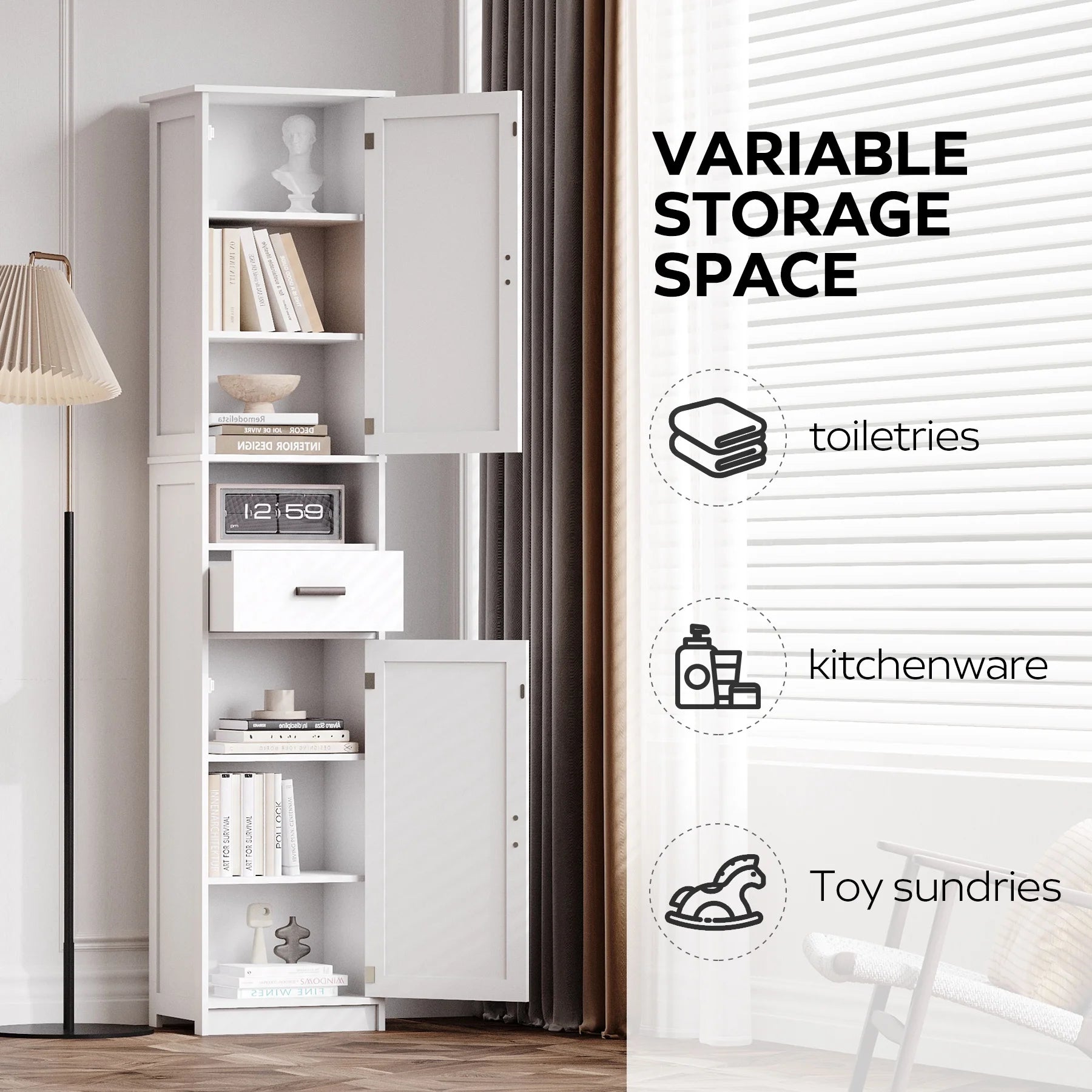 PORKISS Floor Storage Cabinet, Wood Pantry Cabinet with Doors and Drawer, Freestanding Narrow Bathroom Storage Organizer with Adjustable Shelves for Kitchen, Bathroom, Living Room, White