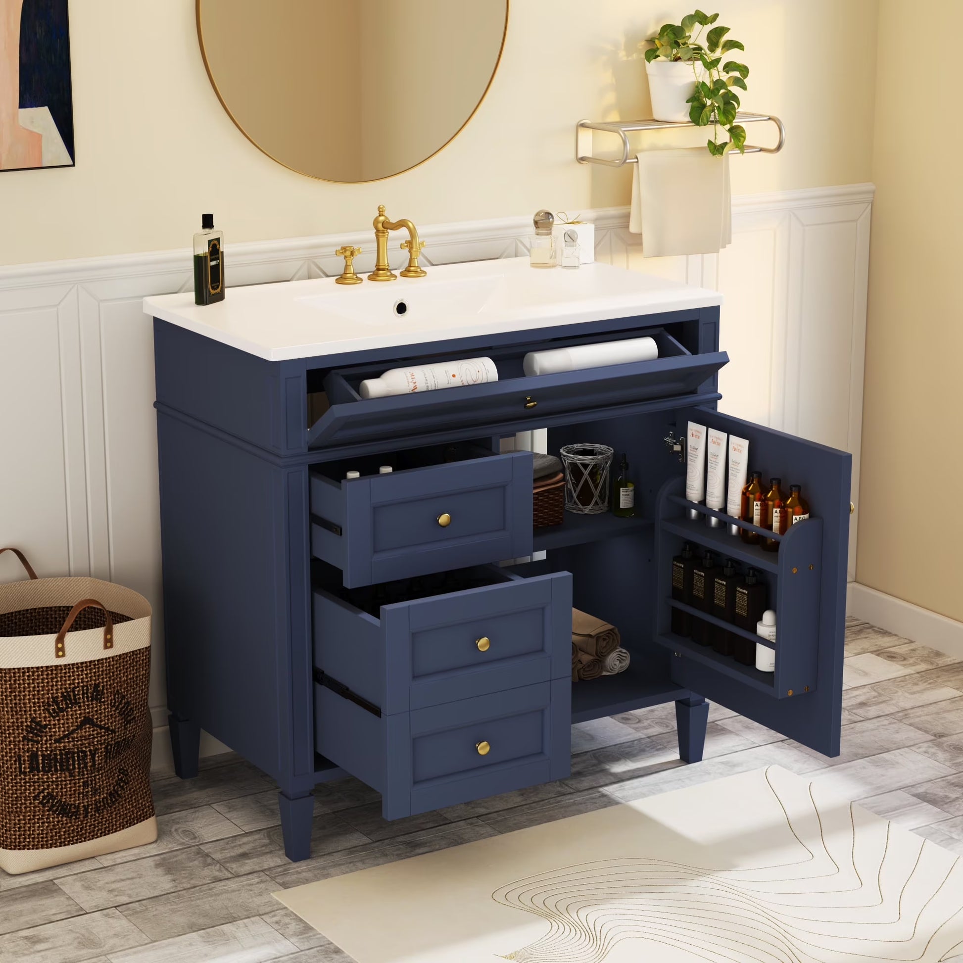 EUROCO 36'' Bathroom Vanity with Sink, Modern Bathroom Storage Cabinet with 2 Drawers and a Tip-out Drawer, Freestanding Bathroom Dresser, Blue
