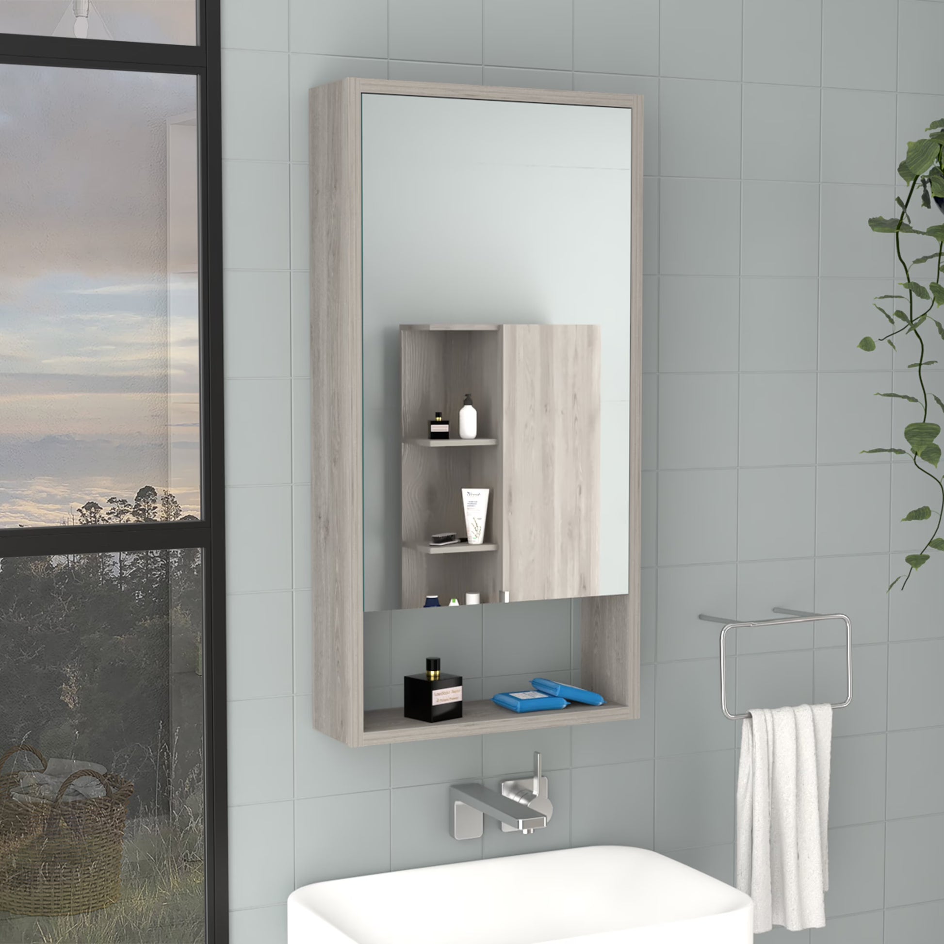 DUOSONG Medicine Cabinet Irvine, One External Shelf, Light Gray Finish Light Gray Particle Board Bath & Faucets Bathroom Storage