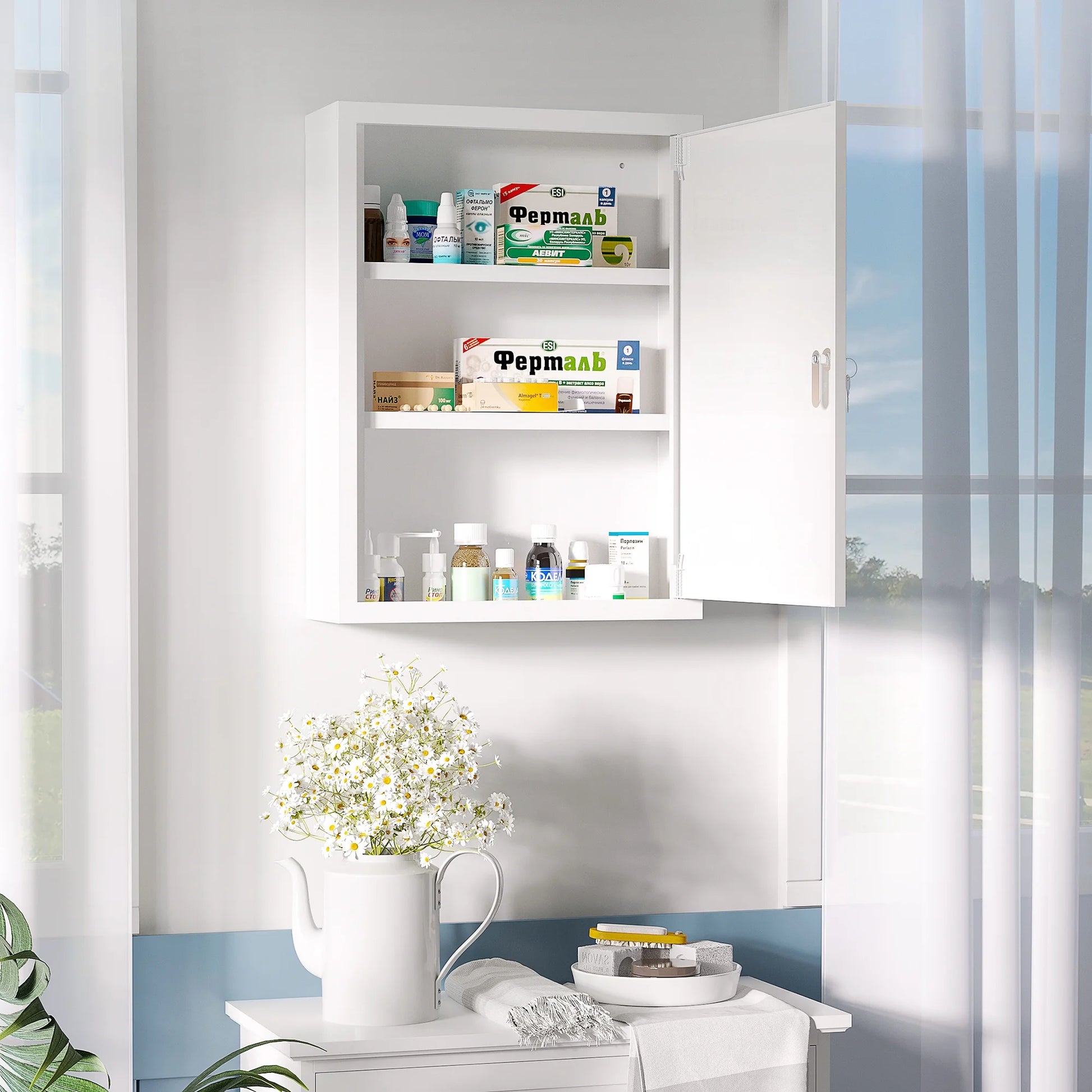 Living Room Cabinets kleankin 16" x 21" Wall Medicine Cabinet with Lock, 3 Tier Steel Locking Wall Cabinet for Bathroom, Kitchen with 2 Keys, White,Primary Living Space Cabinets
