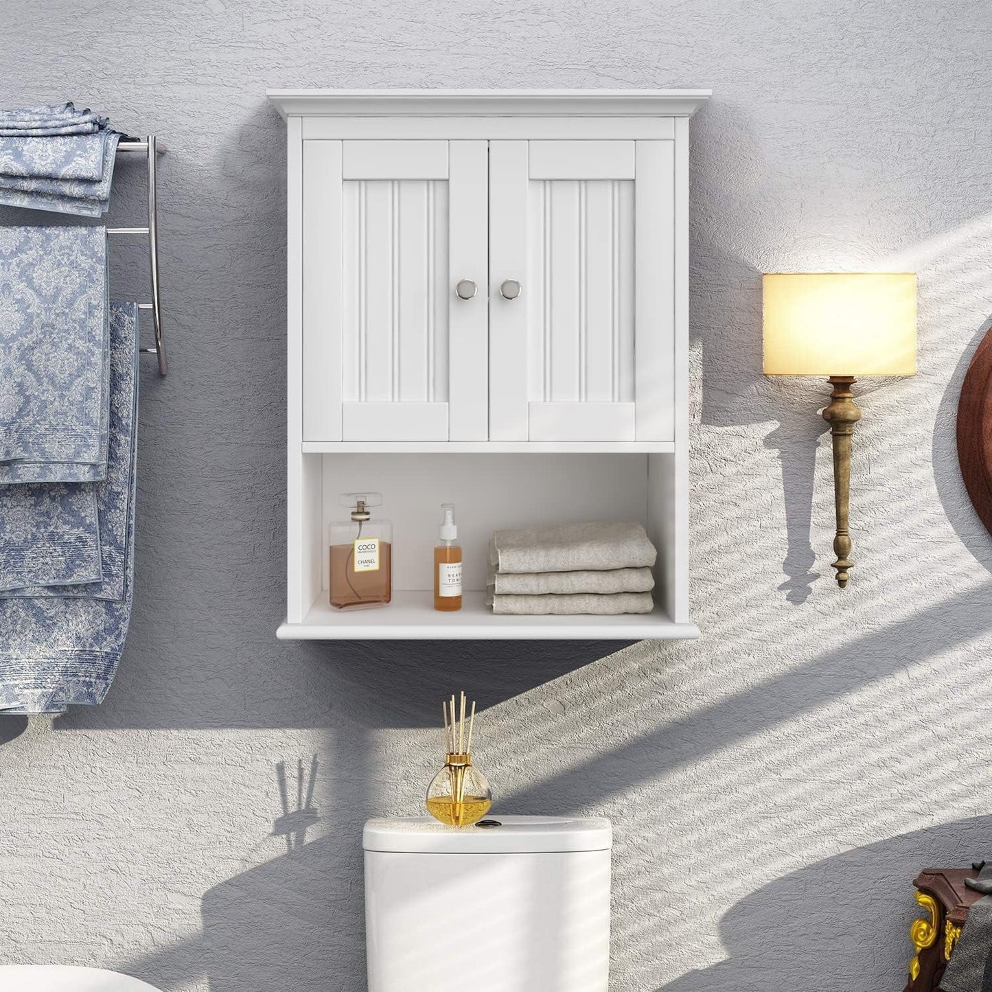Wood Wall Cabinet, Bathroom Medicine Cabinet Storage with Doors and Adjustable Shelf, Rustic Cabinet Wall Mounted for Bathroom, Livingroom, Kitchen, Cupboard, White