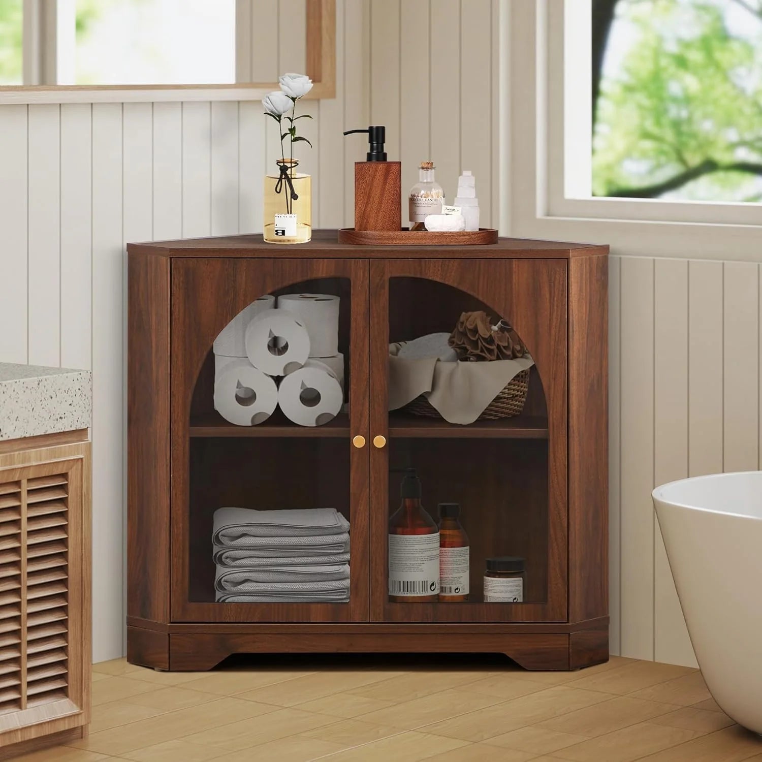 Mid Century Modern Corner Cabinet, Freestanding Curved Corner Storage Shelf with Doors and Adjustable Shelves, Farmhouse Storage Cabinet for Living Room Kitchen Bathroom (Walnut)