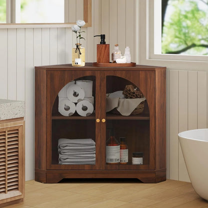 Mid Century Modern Corner Cabinet, Freestanding Curved Corner Storage Shelf with Doors and Adjustable Shelves, Farmhouse Storage Cabinet for Living Room Kitchen Bathroom (Walnut)