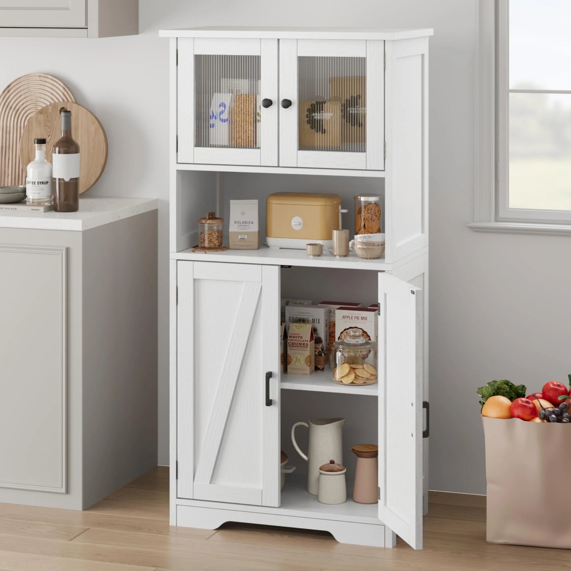 AOILE Farmhouse Bathroom Storage Cabinet with Glass Doors & Adjustable Shelves, Freestanding Kitchen Pantry Cabinet