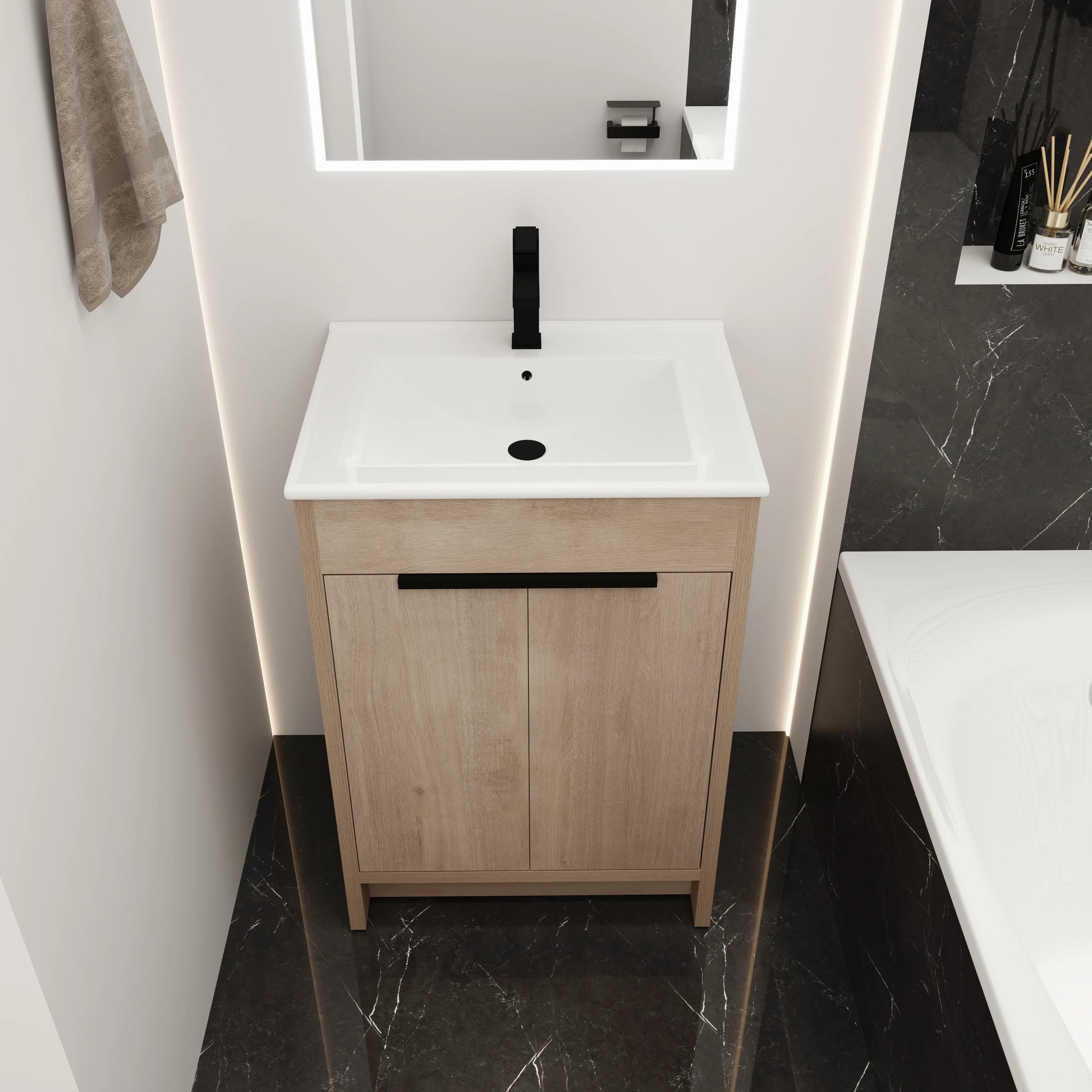 Holaki 24" Freestanding Bathroom Vanity with White Ceramic Sink & 2 Soft-Close Cabinet Doors, Plain Light Oak