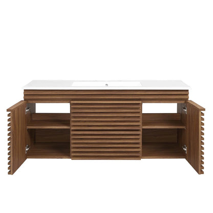 Modway Render 48" Wall-Mount Bathroom Vanity in Walnut White