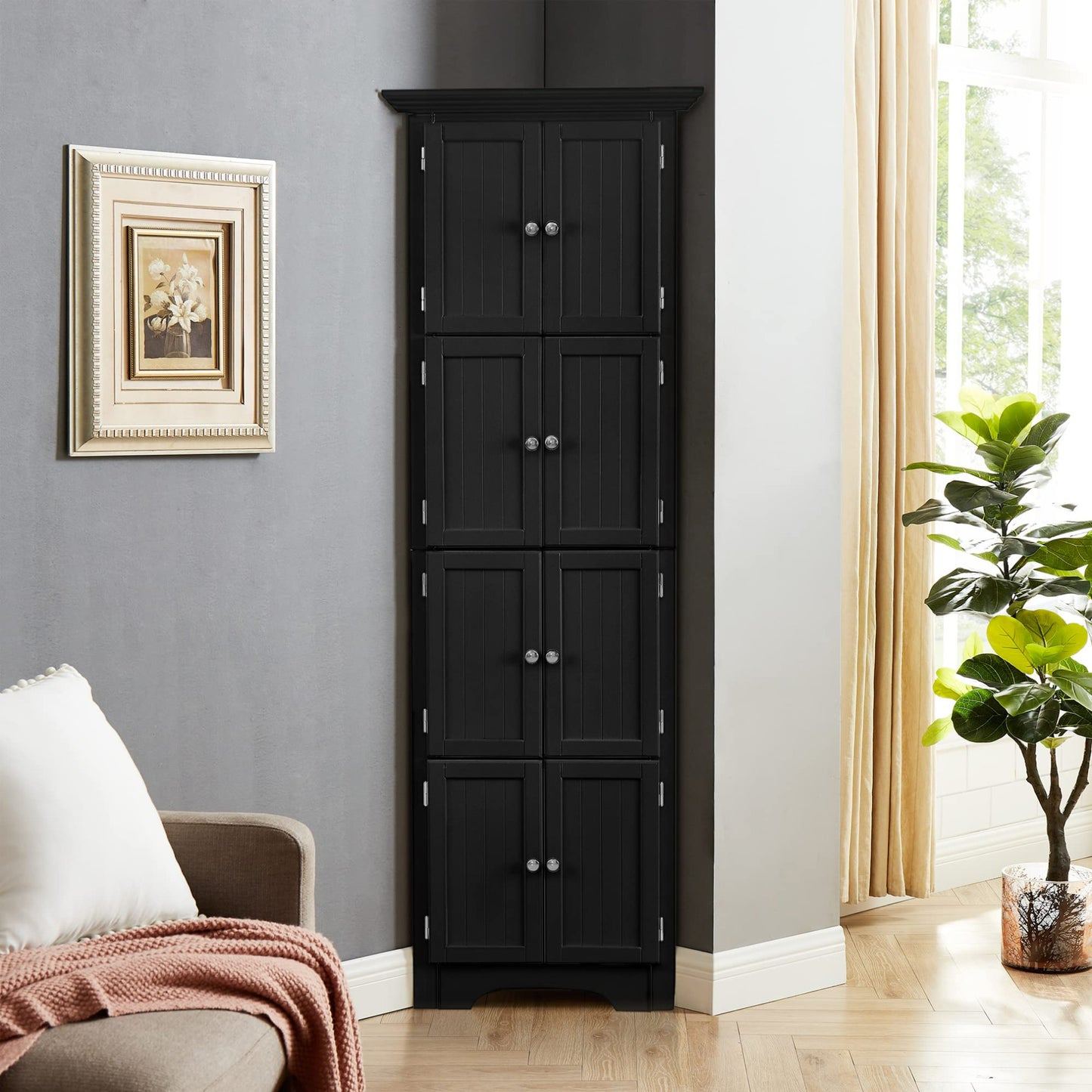 Freestanding Tall Storage Cabinet with 4 Doors and 4 Shelves, Large Bathroom Cabinet, Freestanding Kitchen Pantry Cabinet for Living Room, Kitchen, Dining Room, Office