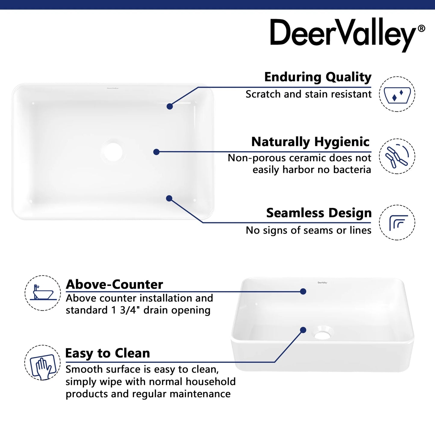 DeerValley DV-1V032 White Ceramic Rectangular Vessel Sink Above Counter White Bathroom Vanity Sink Bathroom Sink Art Basin (19.92'' L x 14'' W x 4.37'' H)
