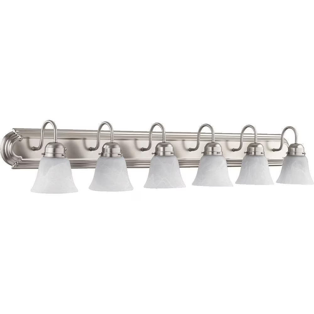 6-Light Bathroom Light with Bell-Shaped Glass Shades with Satin Nickel Back Plate 48 inches W 8 inches H-Satin Nickel Finish-Fau Alabaster Glass