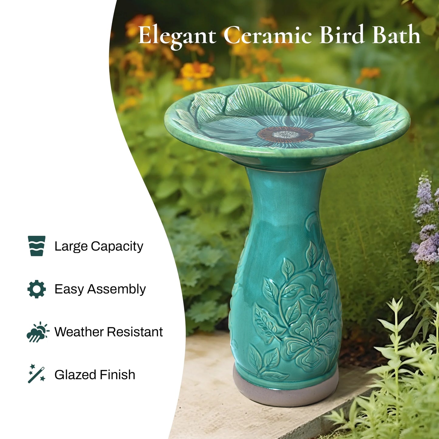LuxenHome 23 Inch Ceramic Bird Bath for Outside, Elegant Tall Outdoor BirdBath with Floral Embossed Design
