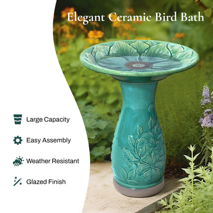 LuxenHome 23 Inch Ceramic Bird Bath for Outside, Elegant Tall Outdoor BirdBath with Floral Embossed Design