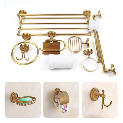 7 Antique Bathroom Accessory Bathroom Hardware Set Brass Carved Towel Bar Shelf 7PCS Antique Bathroom Accessories Bath Hardware Set Carved Brass Towel Rack Bar Gold Bathroom Accessories Set Toilet