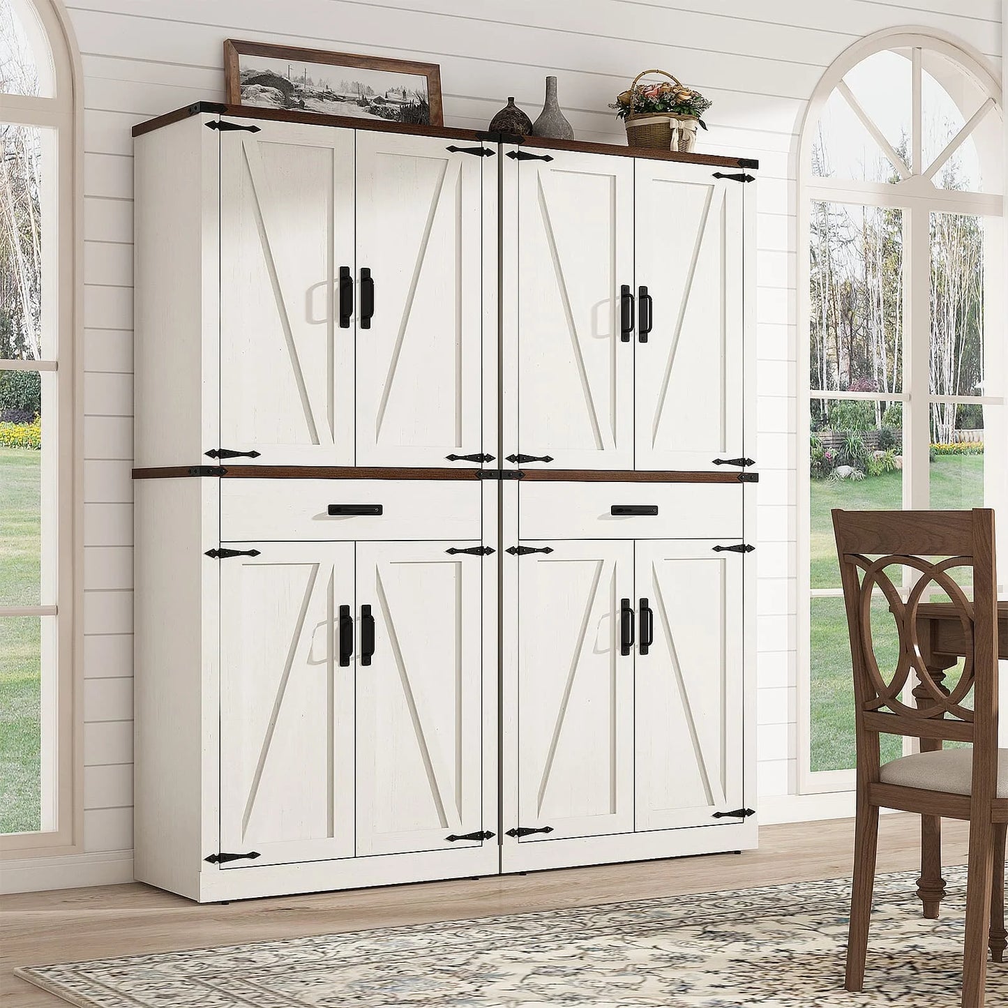 72" Tall Farmhouse Kitchen Pantry Cabinet w/1 Drawer & 4 Roomy Storage Shelves, Versatile Wood Storage Cabinet with 4 Barn Door & Adjustable Shelves & for Dining Room Bathroom Utility Room