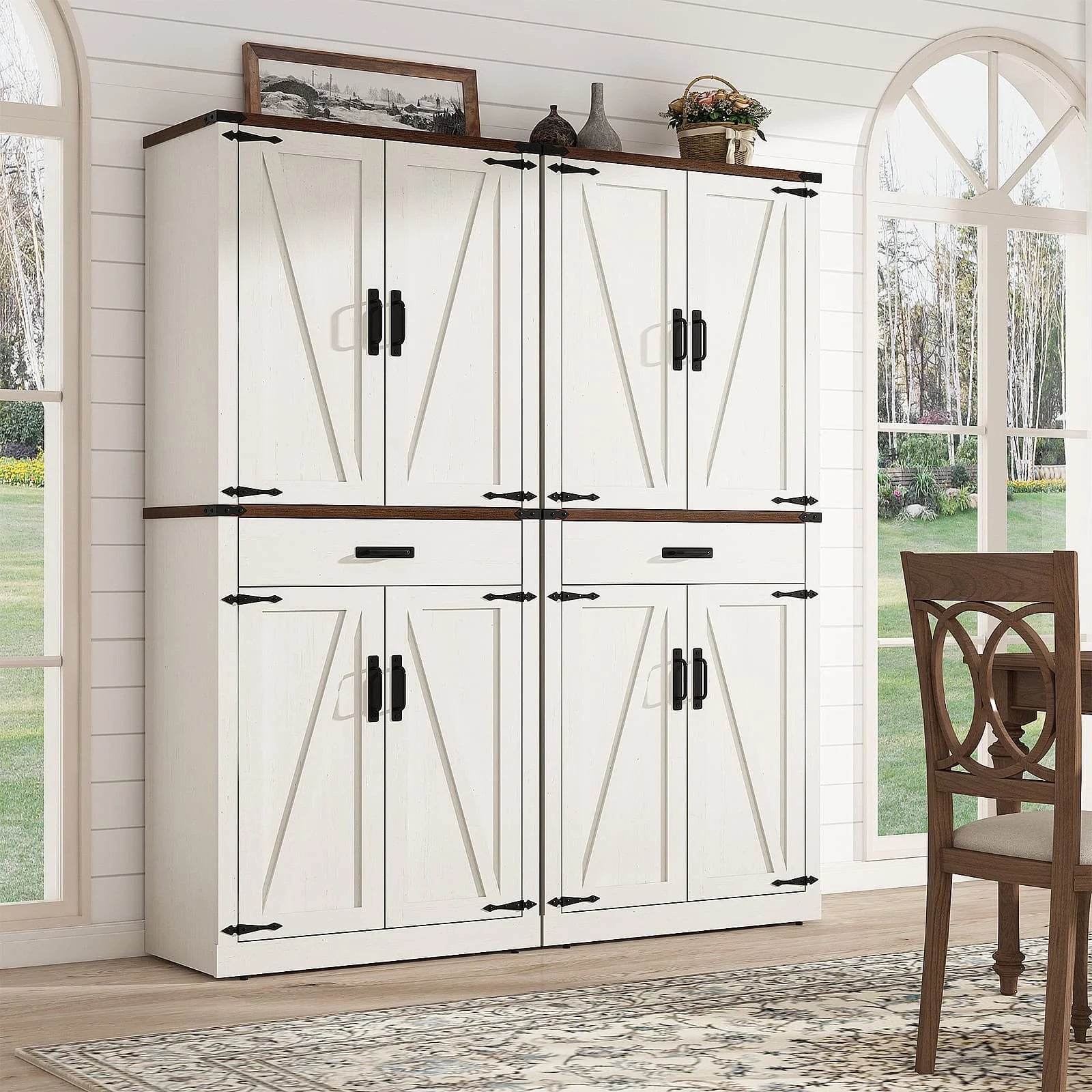 72" Tall Farmhouse Kitchen Pantry Cabinet w/1 Drawer & 4 Roomy Storage Shelves, Versatile Wood Storage Cabinet with 4 Barn Door & Adjustable Shelves & for Dining Room Bathroom Utility Room
