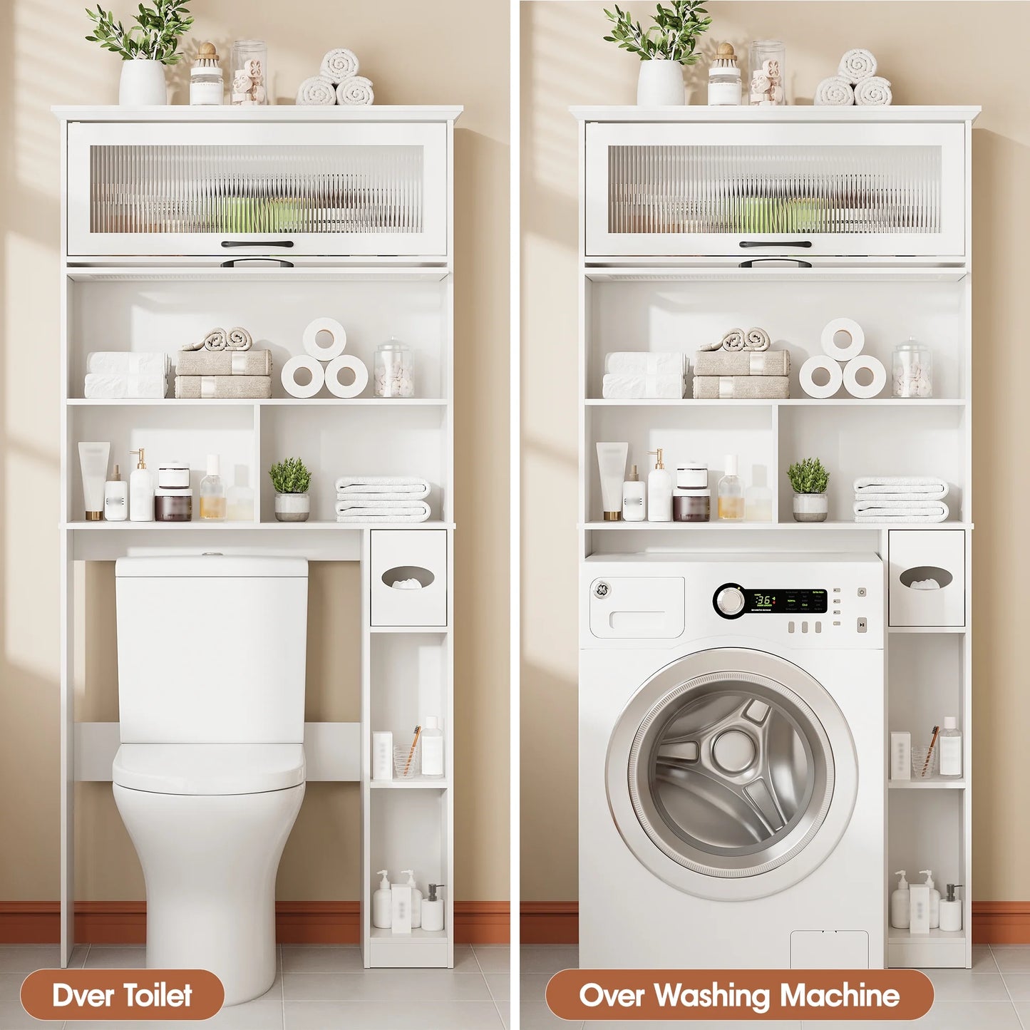 Vabches Over The Toilet Storage Cabinet with Transparent Flip Door, 33.2''W Bathroom Over Toilet Shelf Space Saver with Toilet Paper Holder