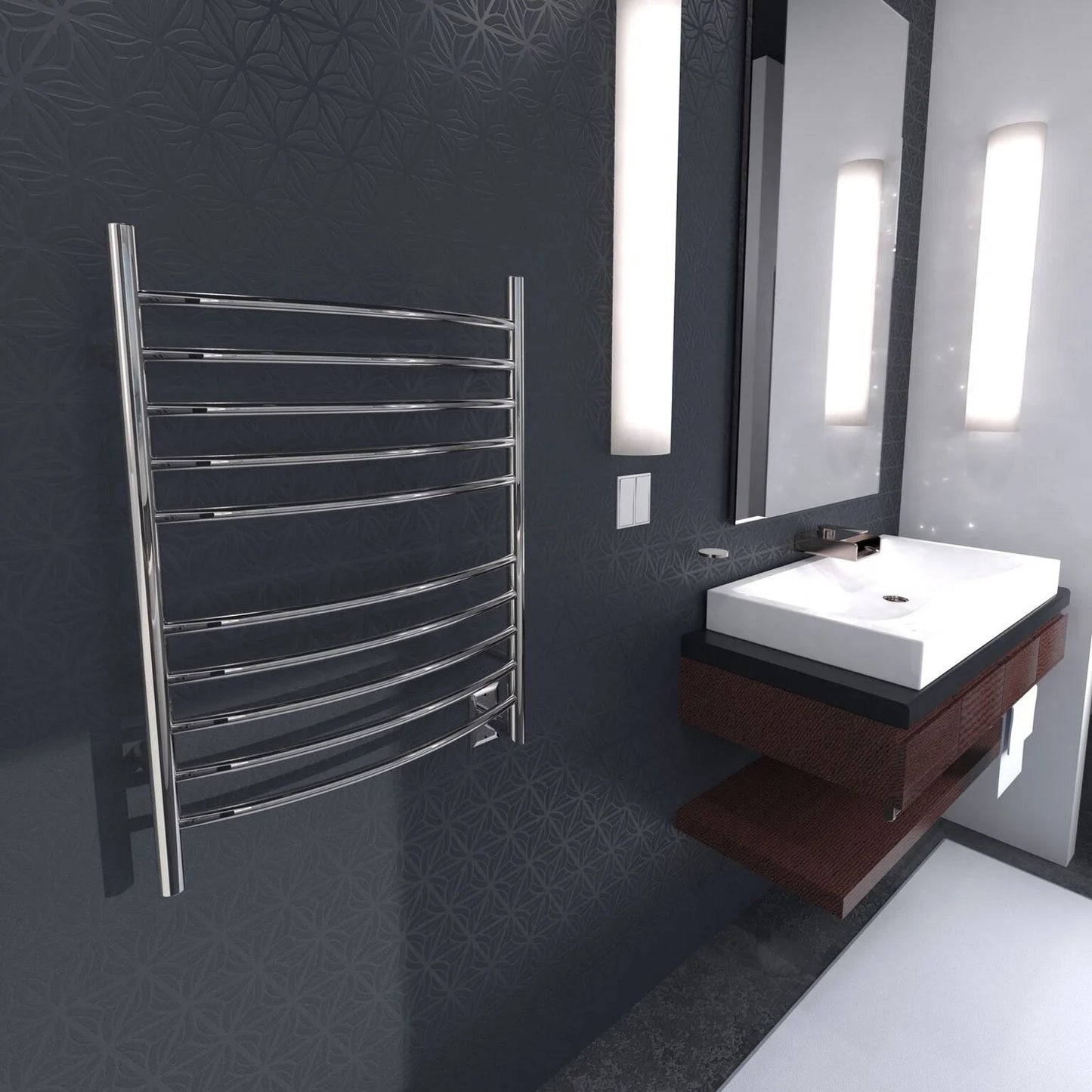 Amba Radiant Hardwired Curved Heated Towel Warmer Rack For Bathroom - Brushed, 150 Watts, 1.3 Amps, 120 Volts