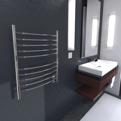 Amba Radiant Hardwired Curved Heated Towel Warmer Rack For Bathroom - Brushed, 150 Watts, 1.3 Amps, 120 Volts