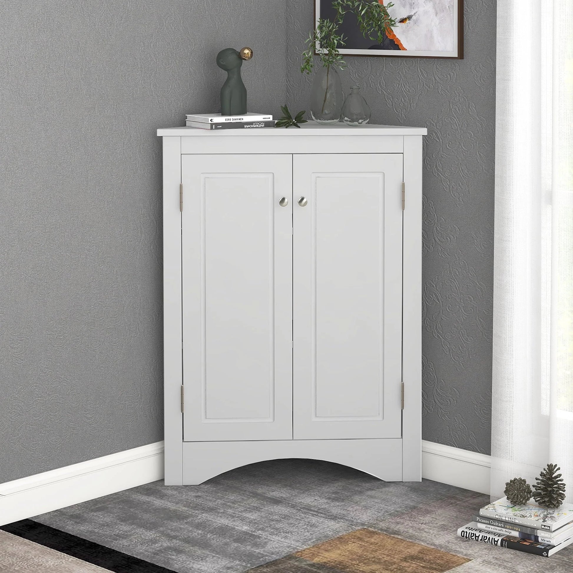 Bathroom Storage Floor Cabinet, Corner Shower Towel Storage Organizer Cabinet Wooden Triangle Bathroom Storage Cabinet, Heavy Duty Freestanding Triangle Cabinet with 2 Adjustable Shelves, White