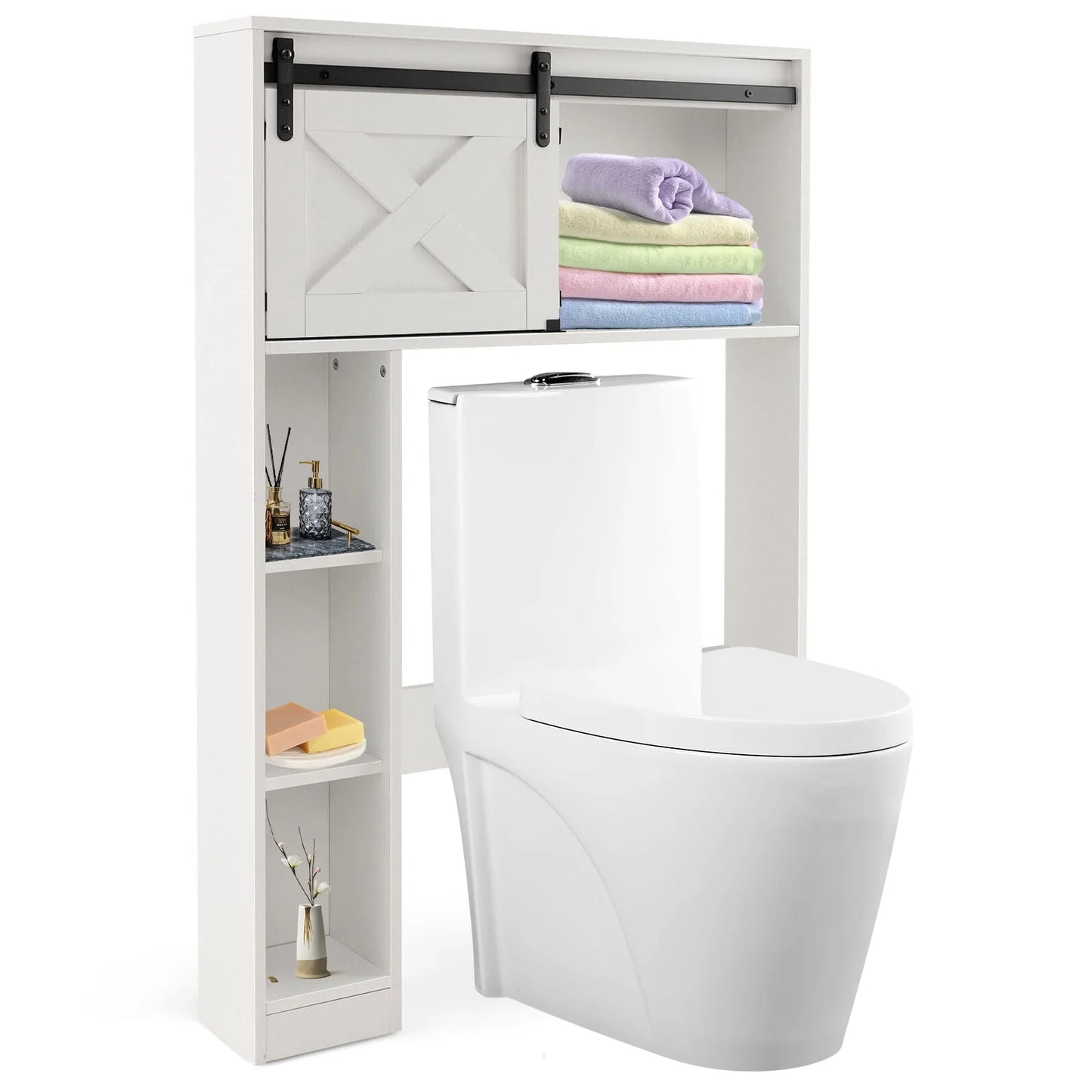 FONIRRA Over The Toilet Storage Cabinet with Sliding Barn Door Storage Shelves, Toilet Bathroom Organizer for Restroom Laundry, White