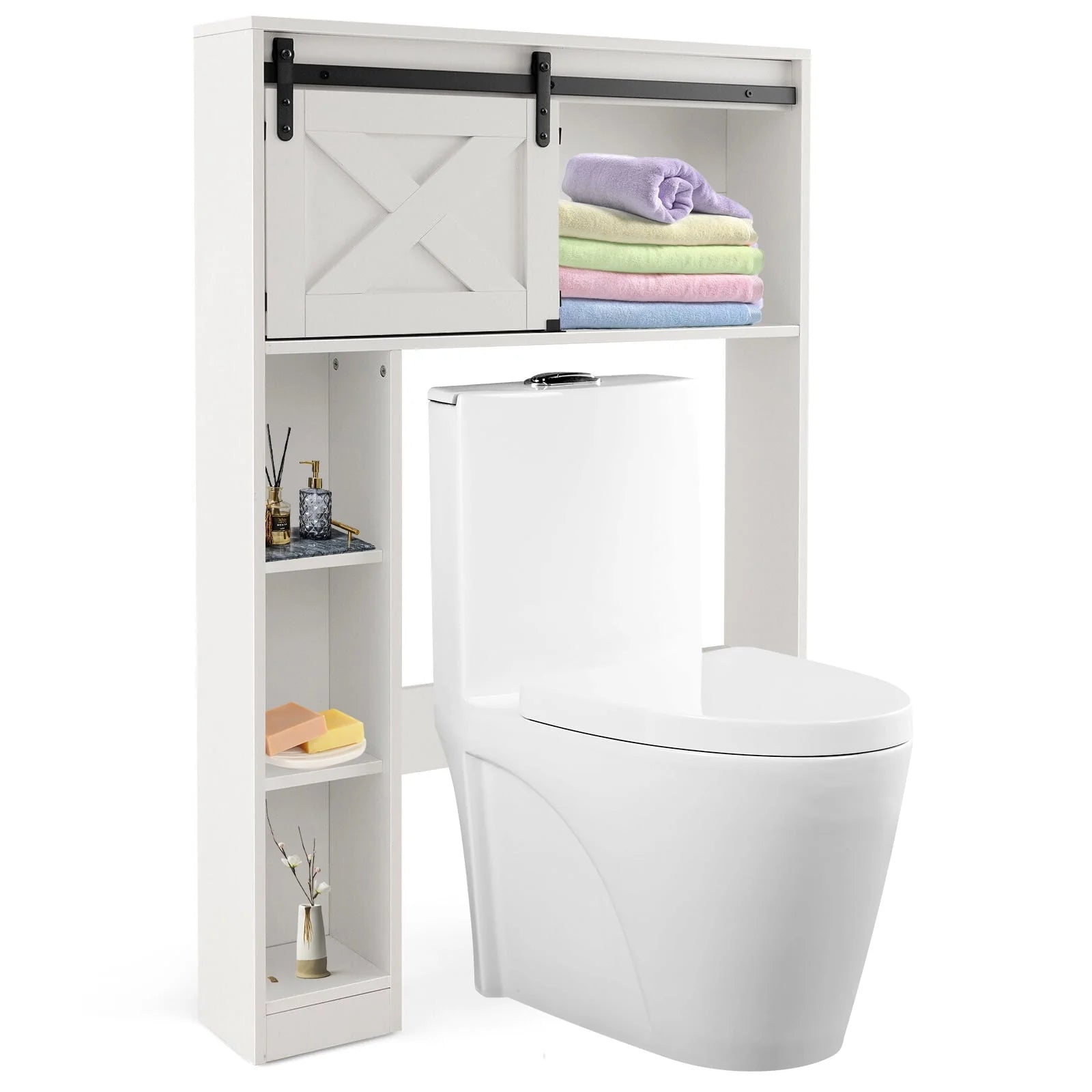 FONIRRA Over The Toilet Storage Cabinet with Sliding Barn Door Storage Shelves, Toilet Bathroom Organizer for Restroom Laundry, White