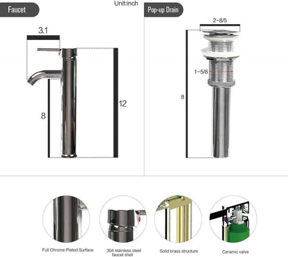 ELECWISH Bathroom Frosted Vessel Sink Tempered Glass Basin Chrome Faucet Pop-up Drain Combo