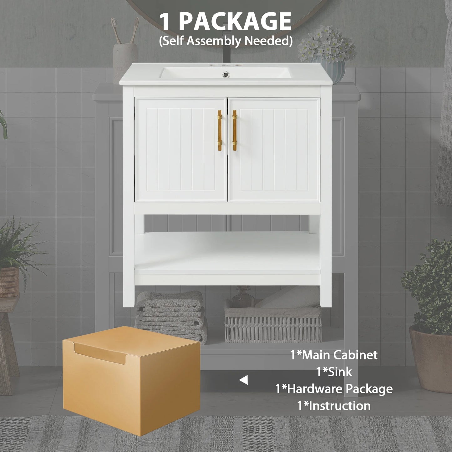 30-Inch White Bathroom Vanity with Ceramic Sink and Versatile Storage - Ideal for Small Bathrooms, White