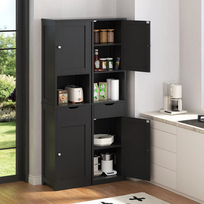 Walsunny Bathroom Storage Cabinet 64" Tall Wooden Kitchen Cupboard Pantry Cabinet with Doors Shelves Drawer Black