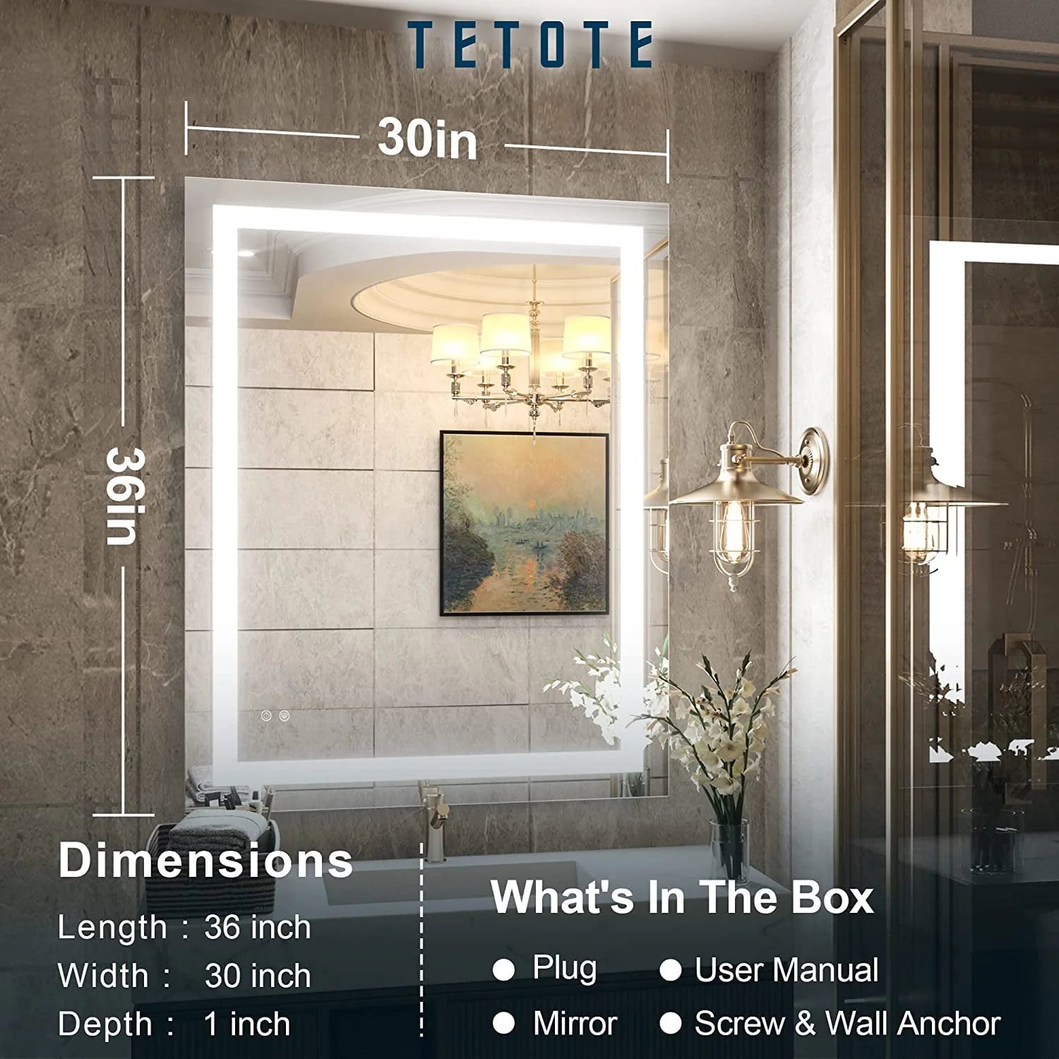 30 x 36 Bathroom LED Mirror Vanity Mirror with Lights,Dimmable ,Anti-Fog,Makeup Wall Mounted Modern Lighted Mirror