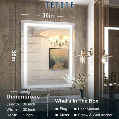 30 x 36 Bathroom LED Mirror Vanity Mirror with Lights,Dimmable ,Anti-Fog,Makeup Wall Mounted Modern Lighted Mirror