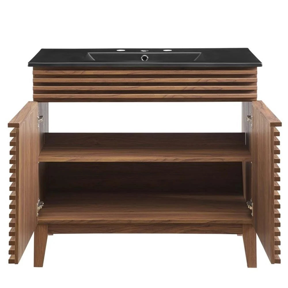 Pemberly Row Modern Wood/Ceramic Bathroom Vanity in Walnut/Black
