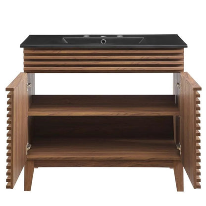 Pemberly Row Modern Wood/Ceramic Bathroom Vanity in Walnut/Black