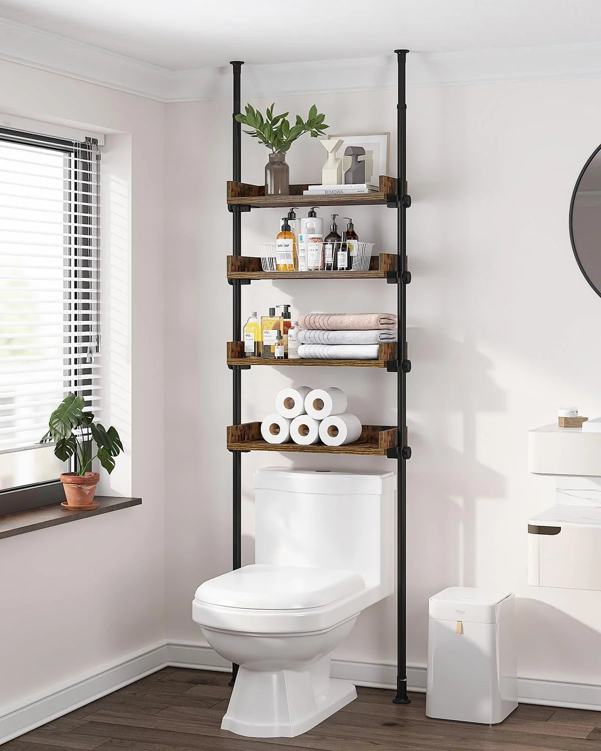 Adjustable Over The Toilet Storage Cabinet, Tension Mount Bathroom Organizers and Storage Over Toilet with 3 Tier Shelves, Over Toilet Bathroom Organizer Fit 92-116 Inch Tall, Rustic Brown