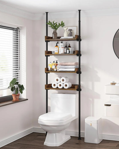 Adjustable Over The Toilet Storage Cabinet, Tension Mount Bathroom Organizers and Storage Over Toilet with 3 Tier Shelves, Over Toilet Bathroom Organizer Fit 92-116 Inch Tall, Rustic Brown