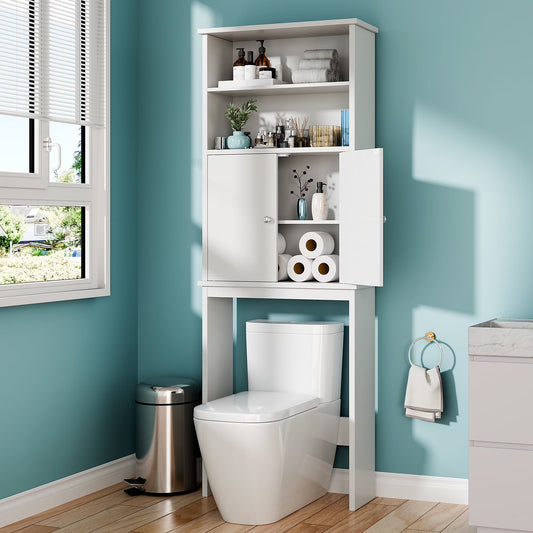 Walsunny Over the Toilet Storage Cabinets Wood Bathroom Organizer Shelf Rack Space Saver with 2 Doors 4 Shelves Anti-Tip Device White